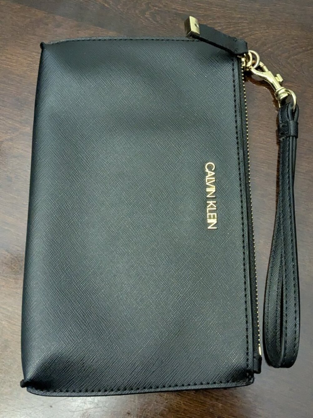 Calvin Klein Black Leather Purse Wallet Hand Bag Pouch with Straps .